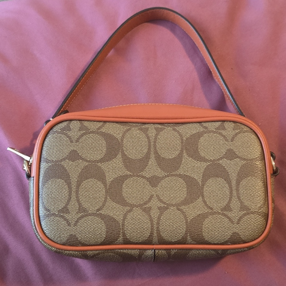 COACH Signature Canvas Small Shoulder Bag in Brown with Tan Trim - Picture 4 of 8